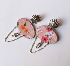 Lotus Floral Printed With Silver Chain Earrings For Women