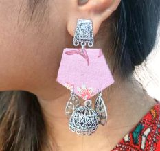 Purple Printed Floral Earrings With Silver Charm Bottom