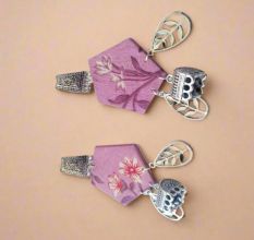 Purple Printed Floral Earrings With Silver Charm Bottom