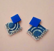 Indigo Print And Silver Ghungroo Fabric Earrings