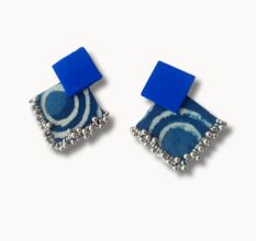 Indigo Print And Silver Ghungroo Fabric Earrings