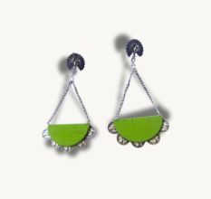 Peacock Green And Silver Chain Long Earrings