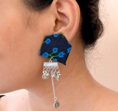 Dark Blue Floral Printed Chain Earrings For Women