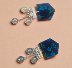 Dark Blue Floral Printed Chain Earrings For Women