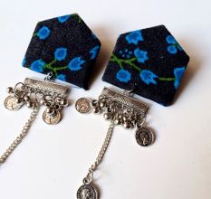 Dark Blue Floral Printed Chain Earrings For Women