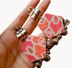 Orange Printed Floral Trishul Charm Earrings