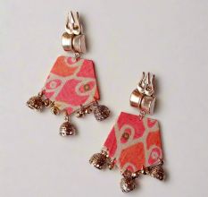 Orange Printed Floral Trishul Charm Earrings