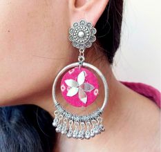 Pink Bandhani Printed Fabric Bali Ghungroo Earrings