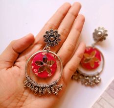 Pink Bandhani Printed Fabric Bali Ghungroo Earrings
