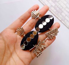 Plain Black Mirror And Silver Ghungroo Earrings
