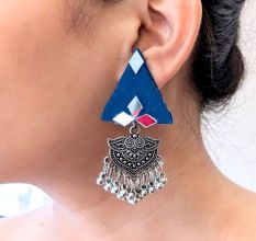 Blue Triangular Jhumka Earrings With Silver Charm