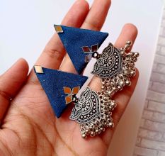 Blue Triangular Jhumka Earrings With Silver Charm