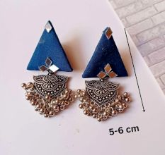 Blue Triangular Jhumka Earrings With Silver Charm
