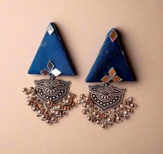 Blue Triangular Jhumka Earrings With Silver Charm