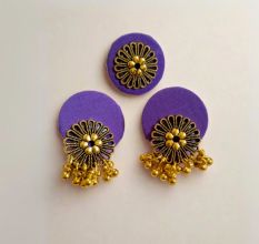 Purple Golden Round Studs Earrings With Adjustable Ring Set