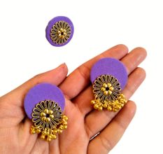 Purple Golden Round Studs Earrings With Adjustable Ring Set
