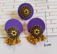 Purple Golden Round Studs Earrings With Adjustable Ring Set