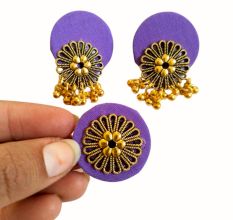Purple Golden Round Studs Earrings With Adjustable Ring Set
