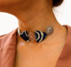 Indigo Print Silver Choker