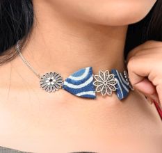 Indigo Print Silver Choker