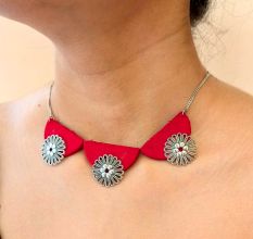 Red And Oxidized Silver Choker For Women