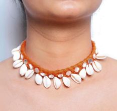 Red Threads And Mirror Shell Choker Necklace Adjustable