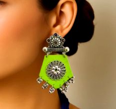 Light Green Fabric Jhumka Earrings With Silver Details