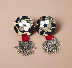 Black Printed Round Earrings With Silver Jhumki
