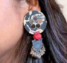 Black Printed Round Earrings With Silver Jhumki