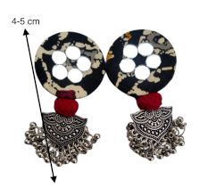 Black Printed Round Earrings With Silver Jhumki