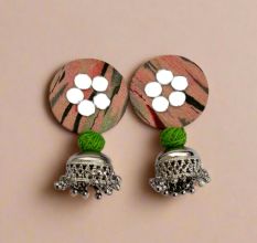Peach and Green Printed Round Earrings With Silver Jhumki