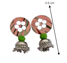 Peach and Green Printed Round Earrings With Silver Jhumki