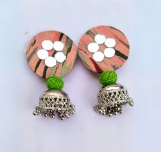 Peach and Green Printed Round Earrings With Silver Jhumki