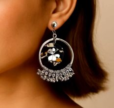 Black Printed Bali Jhumka Earrings With Ghungroo