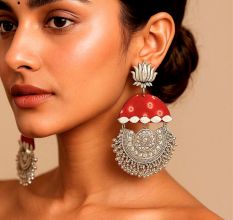 Red Bandhani Print Heavy Oxidized Jhumka Earrings