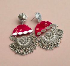 Red Bandhani Print Heavy Oxidized Jhumka Earrings