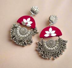 Magenta Rani Pink Heavy Oxidized Lotus Earrings