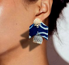 Blue Printed Fabric Lotus Charm Jhumka Earrings