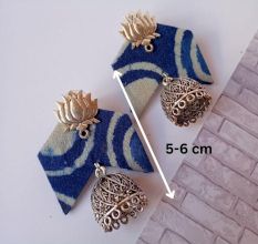 Blue Printed Fabric Lotus Charm Jhumka Earrings