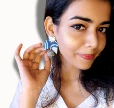 Blue Printed Fabric Lotus Charm Jhumka Earrings