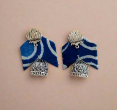 Blue Printed Fabric Lotus Charm Jhumka Earrings