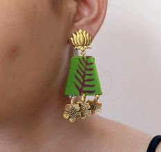 Light Green Leaf Pattern Golden Charm Earrings