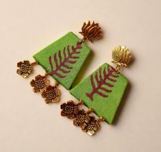 Light Green Leaf Pattern Golden Charm Earrings