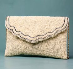 Ivory Elegance Scalloped Beaded Clutch with Gold Chain Strap