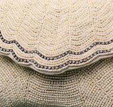 Ivory Elegance Scalloped Beaded Clutch with Gold Chain Strap