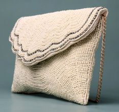 Ivory Elegance Scalloped Beaded Clutch with Gold Chain Strap