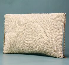 Ivory Elegance Scalloped Beaded Clutch with Gold Chain Strap