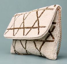 Geometric Grace Hand-Beaded Clutch with Elegant Chain Strap