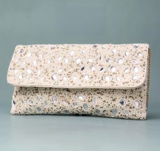Celestial Spark Hand-Embroidered Clutch with Mirror Beads and Chain Strap