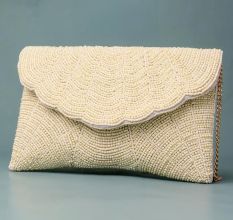 Ivory Scallop Elegance Beaded Clutch with Gold Chain Strap
